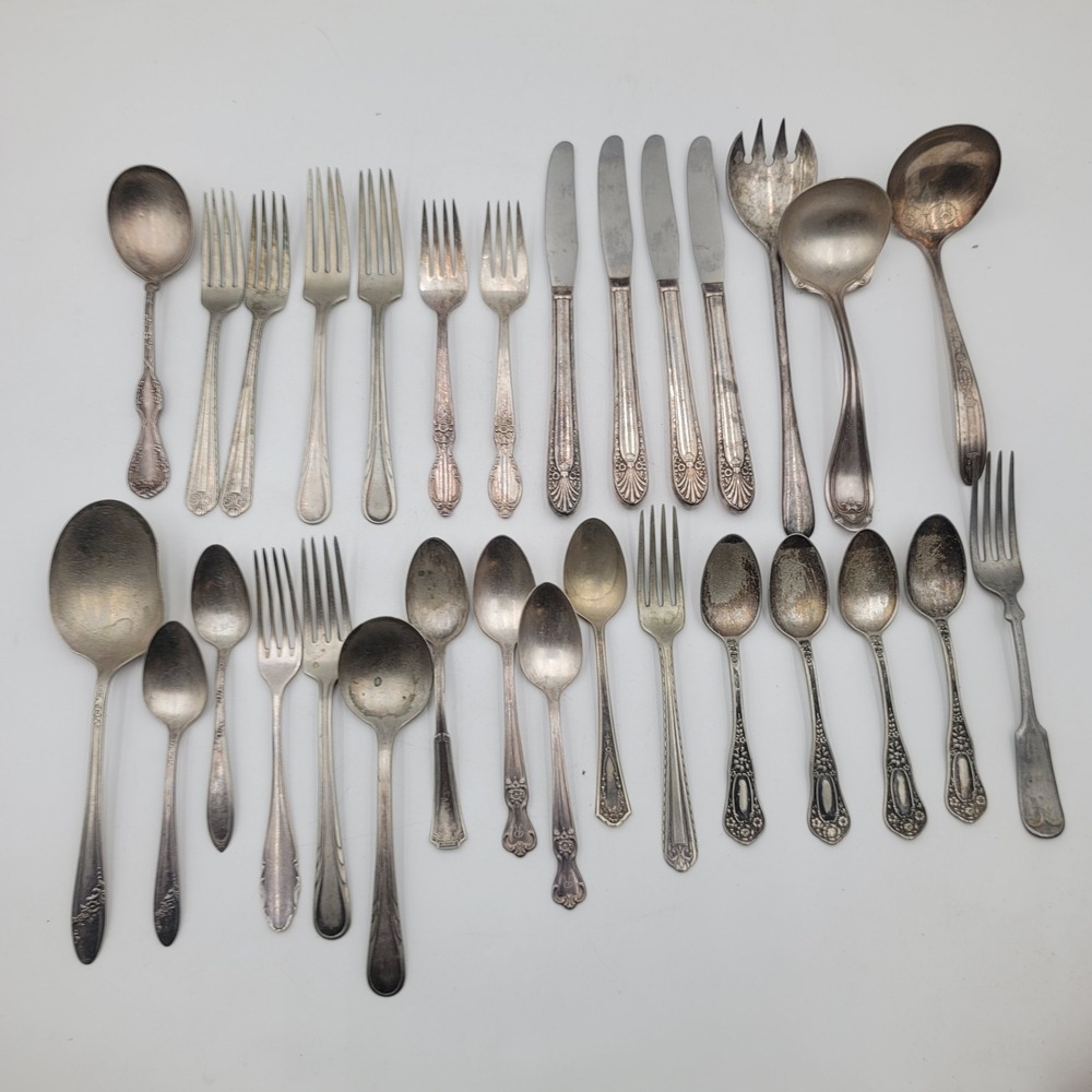 30pc Vintage Mixed Silverplate Flatware Lot Serving Pieces Ladles Ornate Floral
